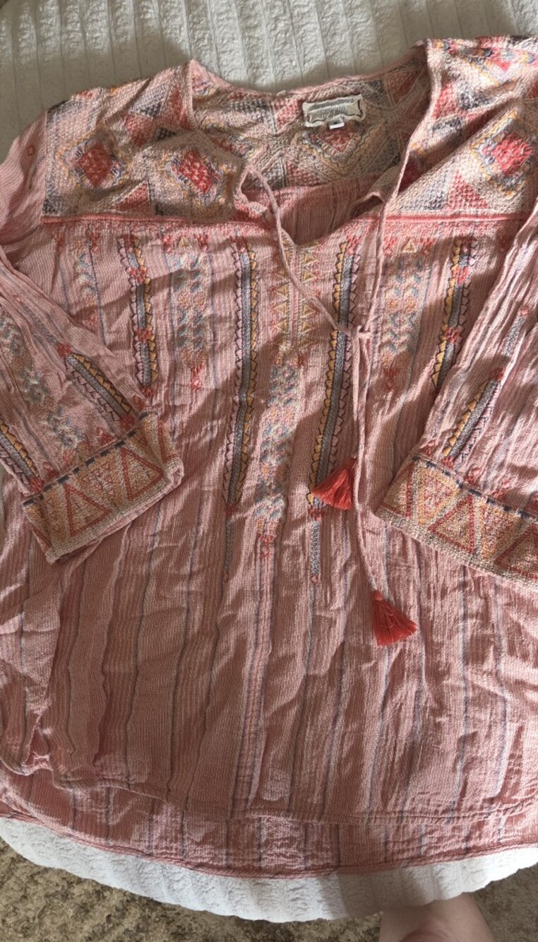 Johnny Was Pink Embroidered Button-Down Tunic